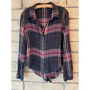 Cloth & Stone Plaid Button-Up Long Sleeve Shirt Black/Pink